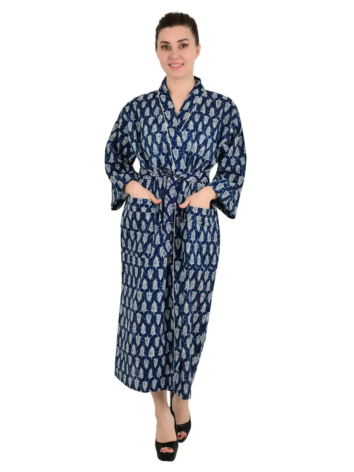 Boho Cotton Kimono House Robe Indian Handprinted Leaf  Print Pattern | Lightweight Summer Luxury Beach Holidays Yacht Cover Up Stunning Dress