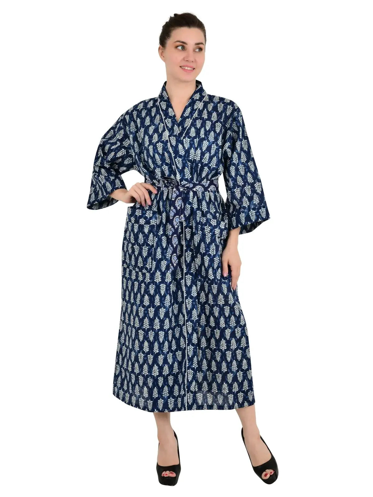 Boho Cotton Kimono House Robe Indian Handprinted Leaf  Print Pattern | Lightweight Summer Luxury Beach Holidays Yacht Cover Up Stunning Dress