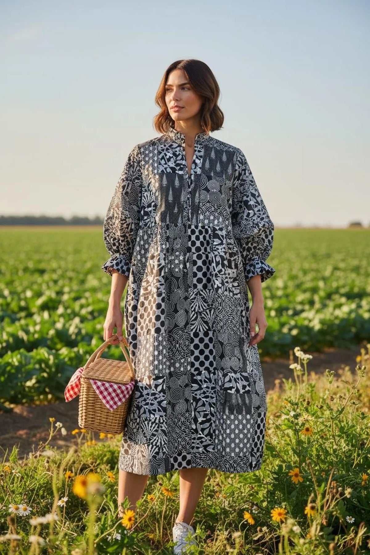 block print dress cotton Black Patchwork Dress: Hand-Stitched Print, Fits XXL Other Products Style in Film: Eva hand block print dress Size:4P