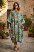block-printed Cotton Patchwork Dress in green