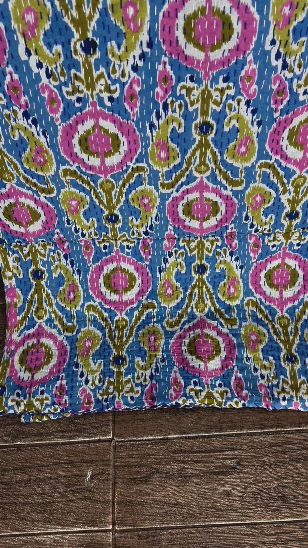 Pure Cotton Kantha Stitch Throw | Indian Hand Block Quilted King Size Bedspread/Sofa Cover Home Decor | Floral Reversible Print Blue Pink