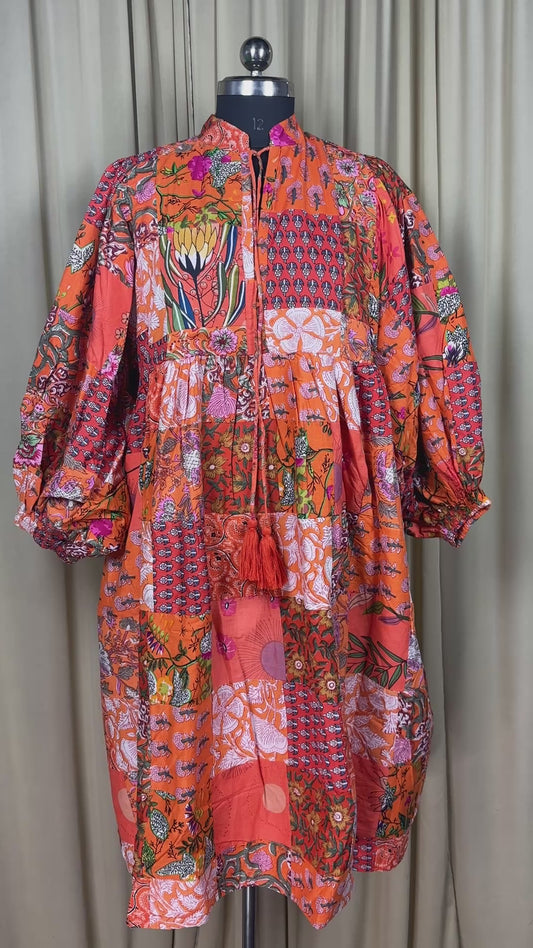 Orange Patchwork Cotton Dress: Hand-Stitched Block Print, Fits XXL