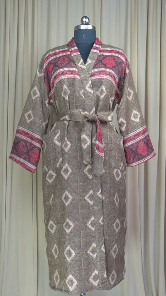 Yak Wool Blend Kimono Robe: Maroon Geometric Print, Warm Winter Wear