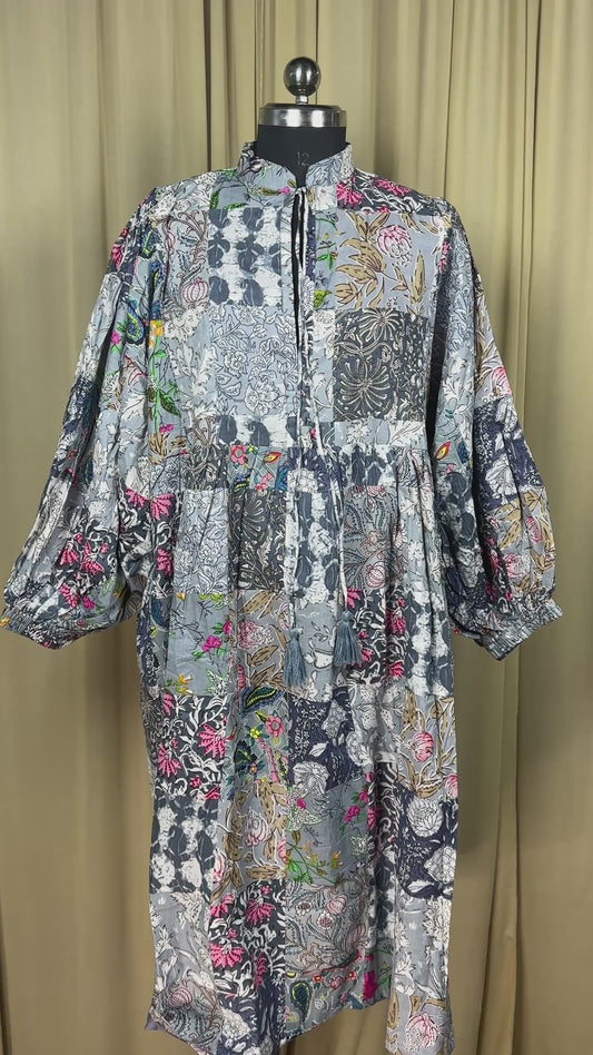 Grey Patchwork Cotton Dress: Hand-Stitched Block Print, Fits XXL