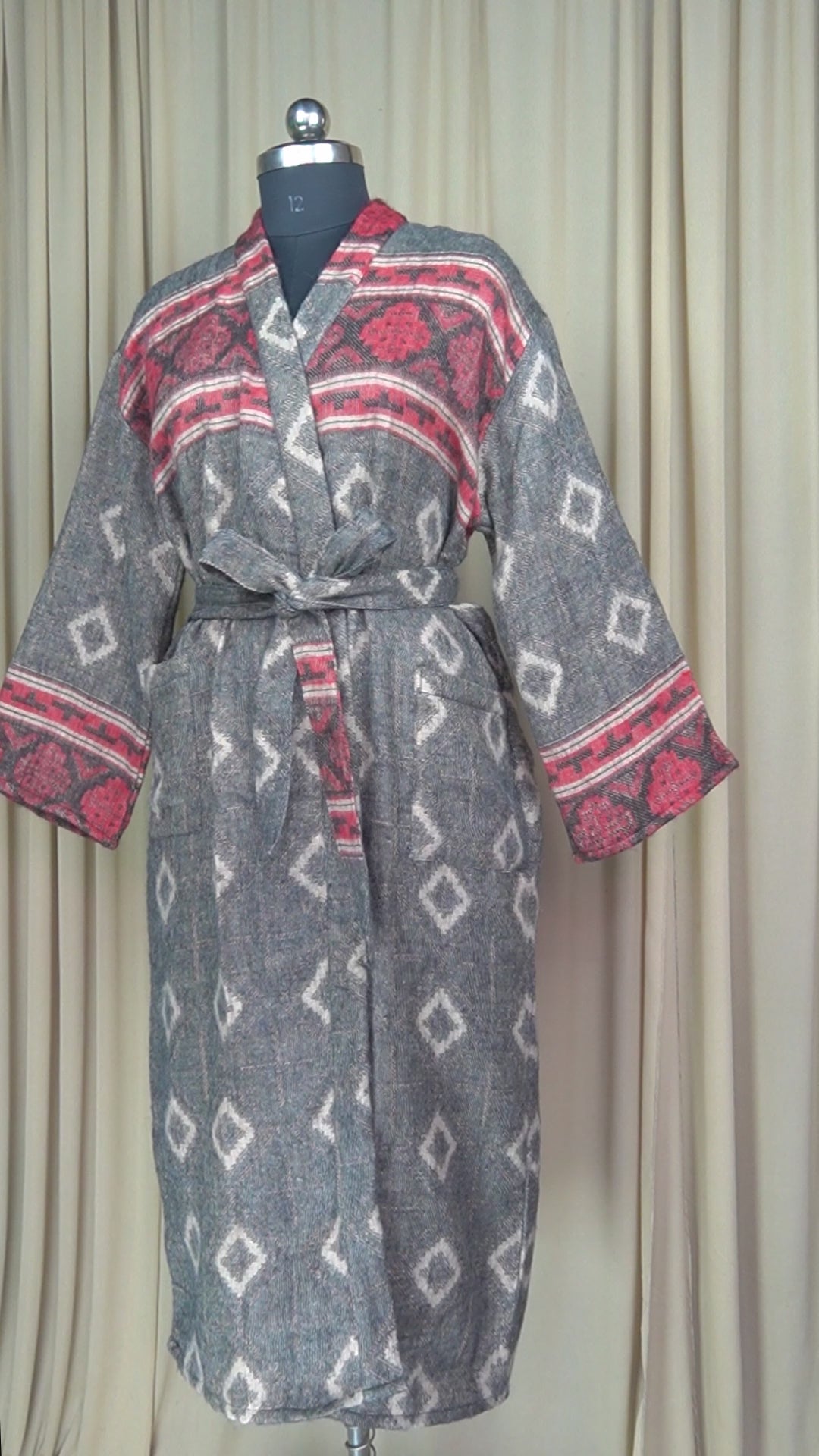 Yak Wool Blend Kimono Robe: Maroon Geometric Print, Warm Winter Wear