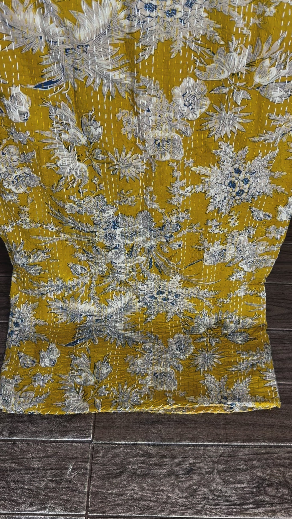 Pure Cotton Kantha Stitch Throw | Indian Hand Block Quilted King Size Bedspread/Sofa Cover Home Decor | Gardenia Reversible Print Yellow