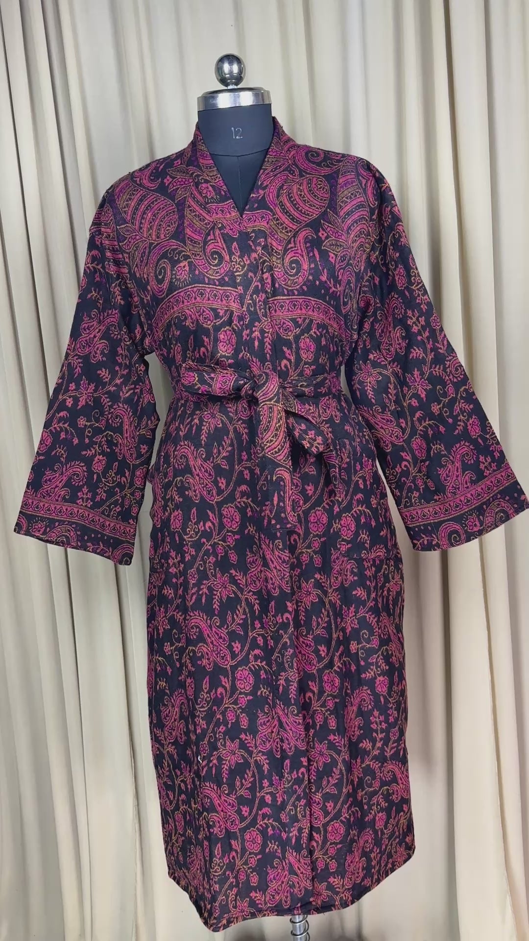 Yak Wool Blend Kimono Robe: Maroon Paisley Print, Warm Winter Wear