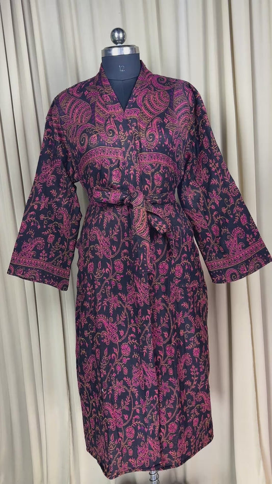 Yak Wool Blend Kimono Robe: Maroon Paisley Print, Warm Winter Wear