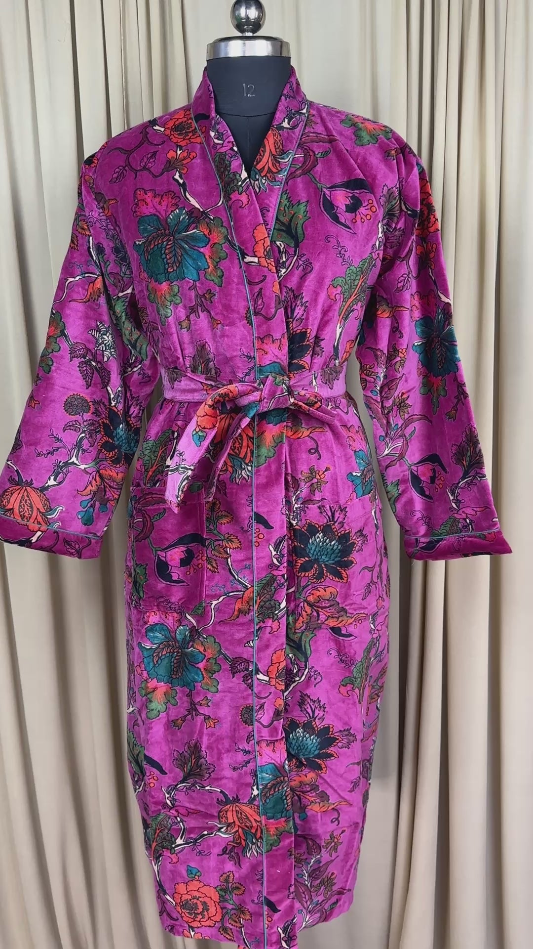 Luxury Velvet Kimono Unisex House Robe | Boho Jacket Autumn Winter Christmas Gift Elegant Reversible Silk Lined | Quirky Gown Pink Floral