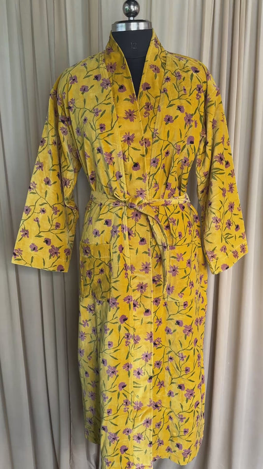 Luxury Velvet Kimono Unisex House Robe | Boho Jacket Autumn Winter Christmas Gift Elegant Reversible Cotton Lined | Quirky Gown Yellow Floral