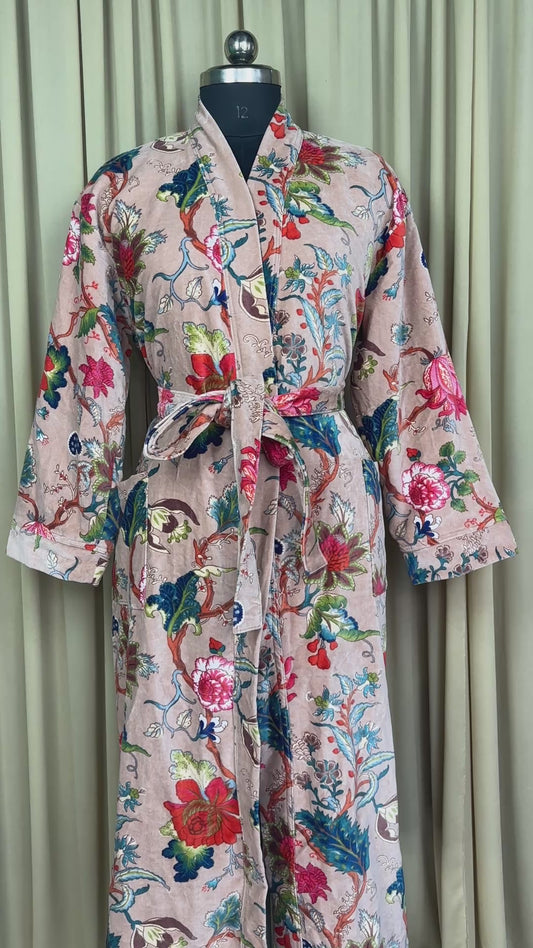 Luxury Velvet Kimono Unisex House Robe | Boho Jacket Autumn Winter Christmas Gift Elegant Reversible Silk Lined | Quirky Gown Pikn Floral
