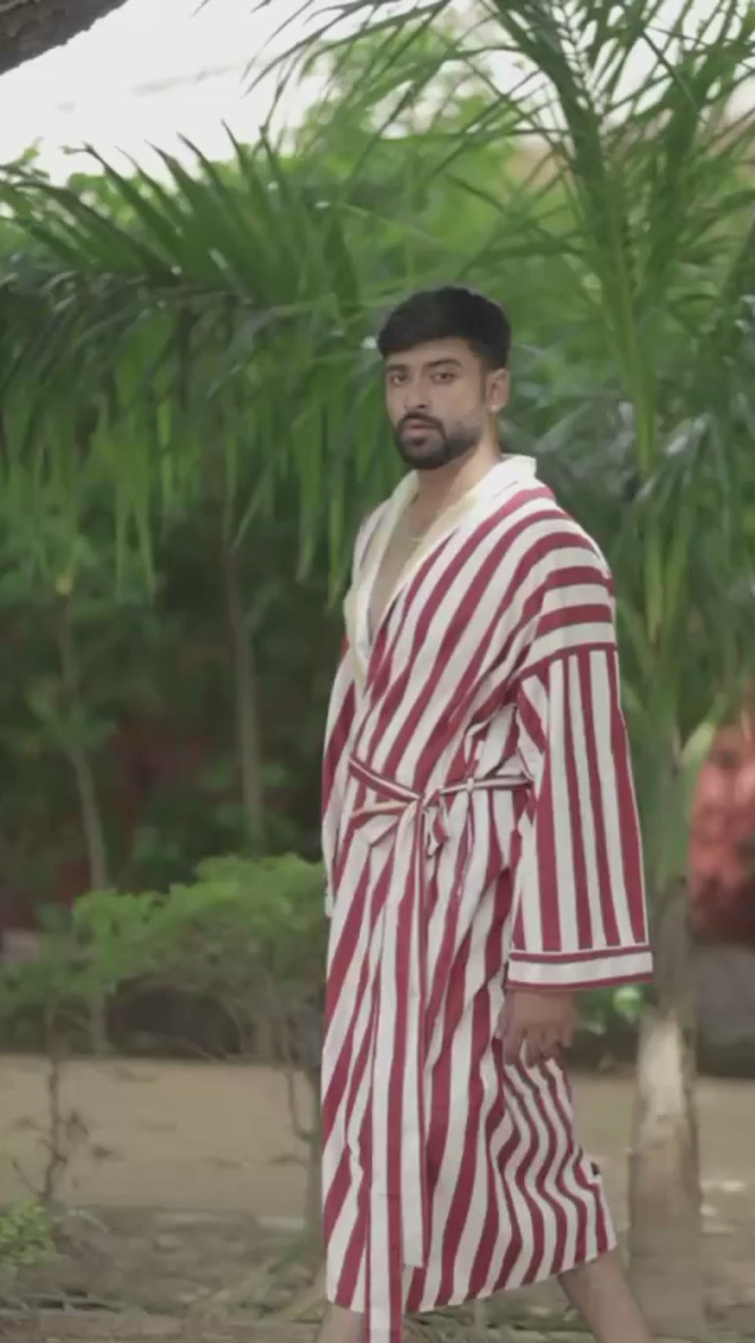 Men’s Cotton Kimono Robe, Reversible Striped Boho Loungewear, Lightweight Spa Beach Resort Outfit with Pockets, One Size Breathable Bathrobe
