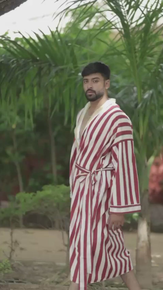 Men’s Cotton Kimono Robe, Reversible Striped Boho Loungewear, Lightweight Spa Beach Resort Outfit with Pockets, One Size Breathable Bathrobe