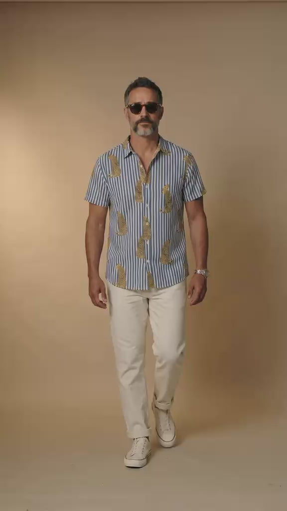 Unisex Tropical Print Hawaiian Button Up Cotton Shirt, Indian Handprint, Casual Aloha Summer Beach Vacation Relaxed Lightweight Gift for Him