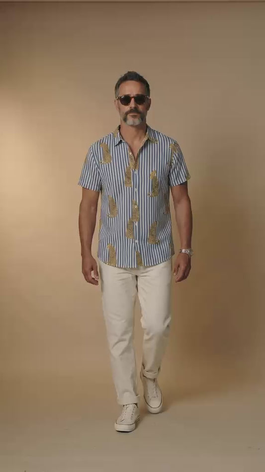 Unisex Tropical Print Hawaiian Button Up Cotton Shirt, Indian Handprint, Casual Aloha Summer Beach Vacation Relaxed Lightweight Gift for Him