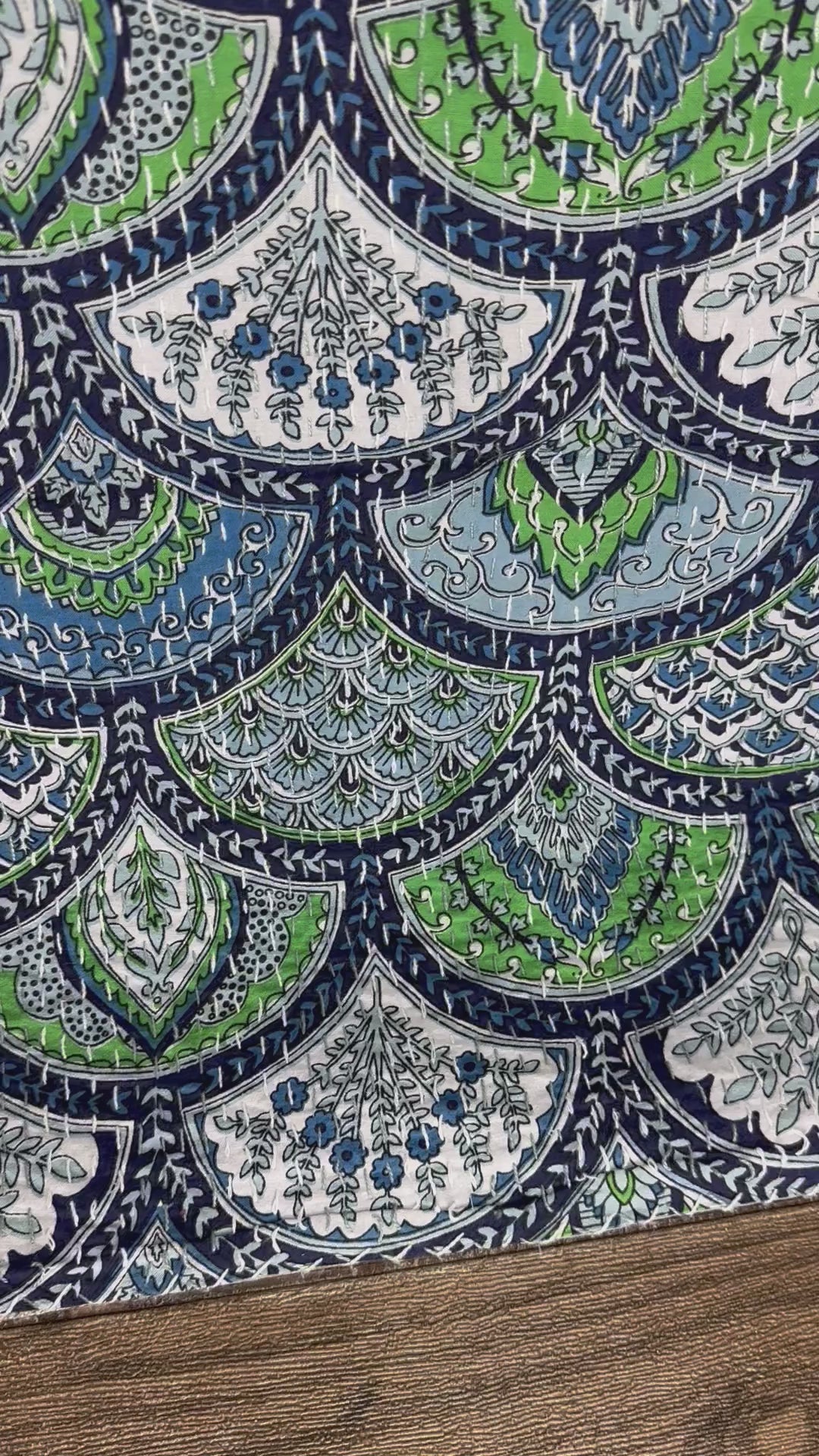 Pure Cotton Kantha Stitch Throw | Indian Hand Block Quilted King Size Bedspread/Sofa Cover Home Decor | Mandal Reversible Print Blue Green