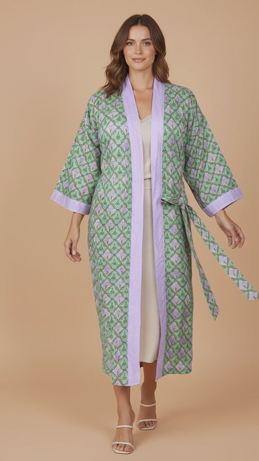 Pure Cotton Handblock Kimono | Indian Printed Summer House Robe, Boho Beach Coverup Kaftan, Bridesmaid Maternity Dressing Gown, Gift For Her