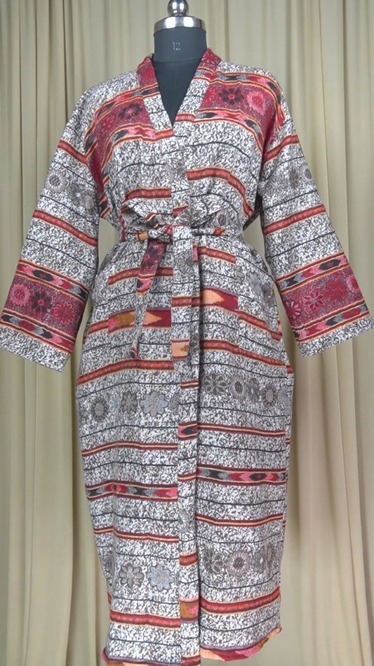 Yak Wool Blend Kimono Robe: Maroon Floral Print, Warm Winter Wear