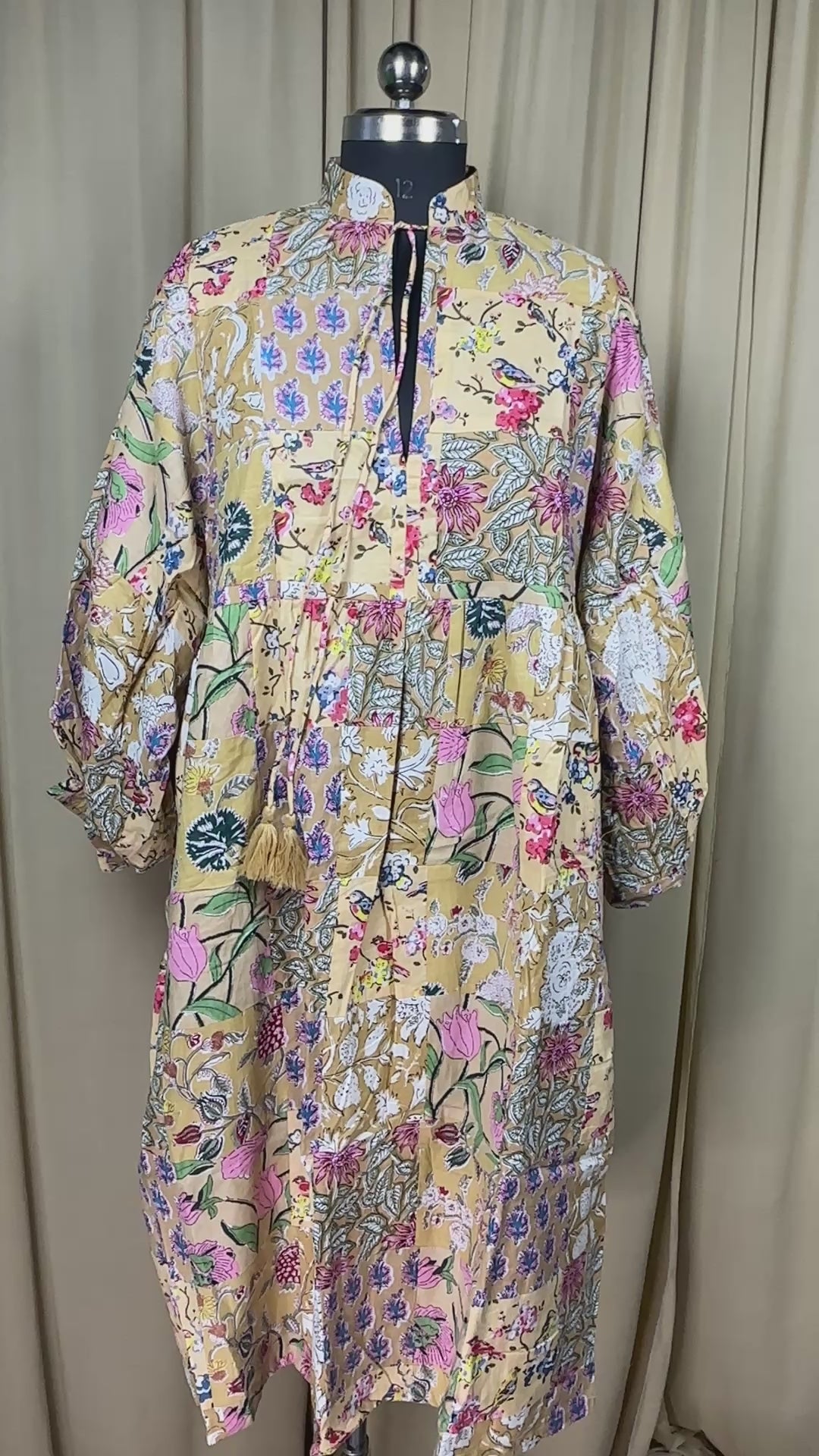 Beige Patchwork Cotton Dress: Hand-Stitched Block Print, Fits XXL