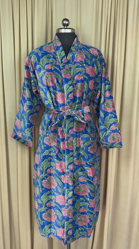 Luxury Velvet Kimono Unisex House Robe | Boho Jacket Autumn Winter Christmas Gift Elegant Reversible Cotton Lined | Quirky Gown Blue Floral