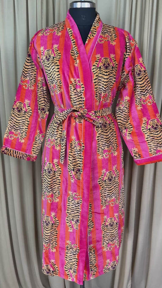 Luxury Velvet Kimono Unisex House Robe | Boho Jacket Autumn Winter Christmas Gift Elegant Reversible Cotton Lined | Quirky Gown Animal print