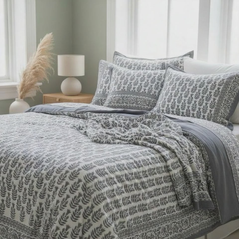 Pure Soft Cotton Bedsheet with Pillow Covers | Hand Block Printed Jaipuri Floral, Queen King Size, Summer Bedspread, Boho Gift Set Decor Art