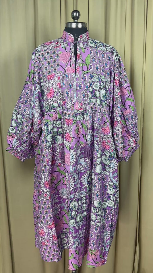 Purple Patchwork Cotton Dress: Hand-Stitched Block Print, Fits XXL