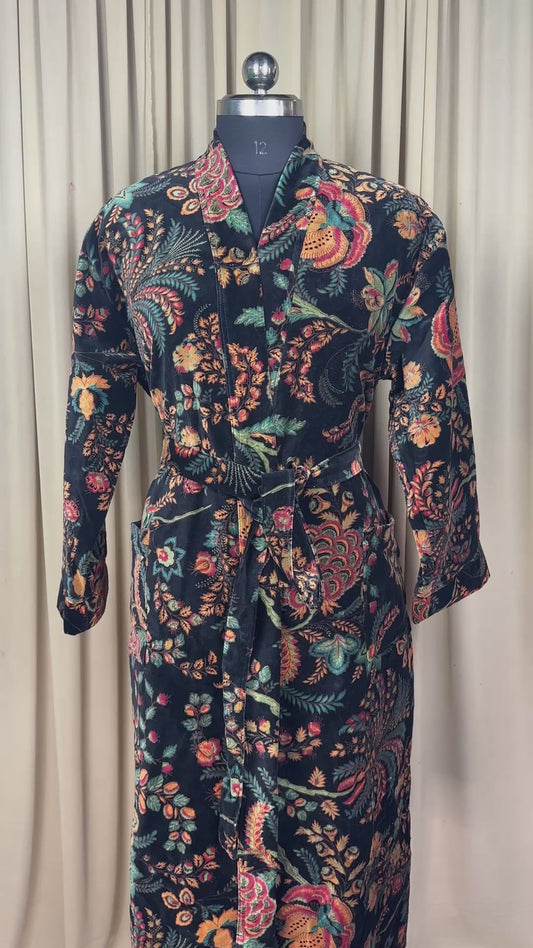 Luxury Velvet Kimono Unisex House Robe | Boho Jacket Autumn Winter Christmas Gift Elegant Reversible Silk Lined | Quirky Gown Black Floral