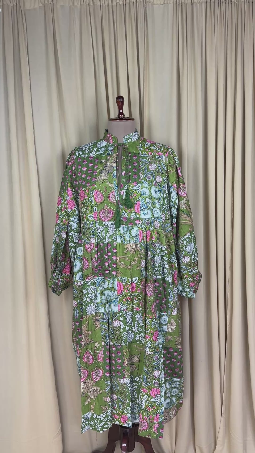 Green Patchwork Cotton Dress: Hand-Stitched Block Print, Fits XXL