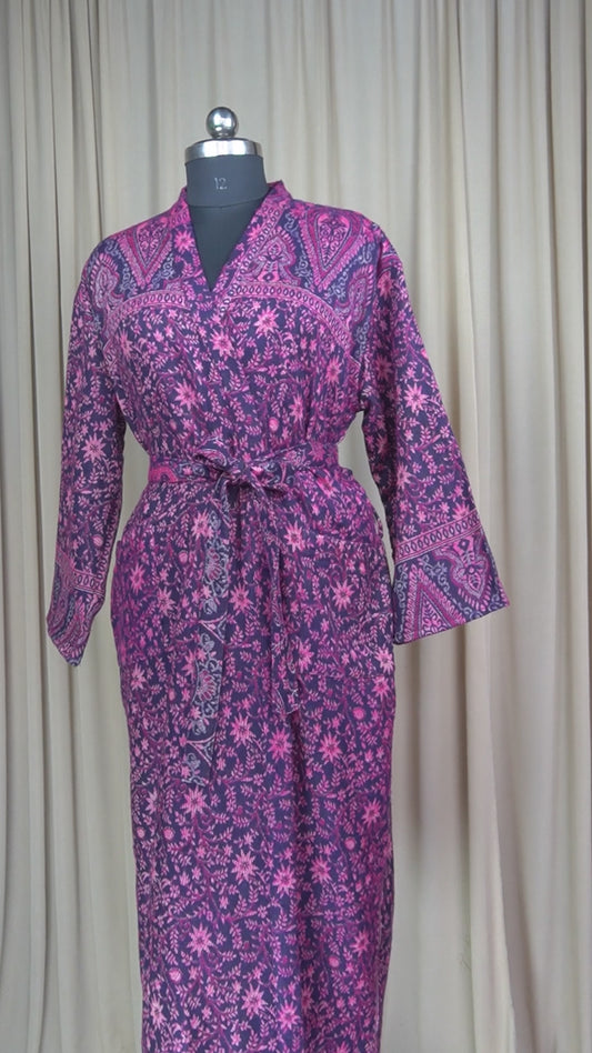 Yak Wool Blend Kimono Robe: Maroon Floral Print, Warm Winter Wear