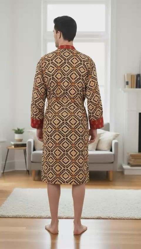 Pure Cotton Handblock Men Kimono | Indian Printed Man House Robe, Boho Beach Coverup Dressing Gown, Lightweight Loungewear, Gift For Him Dad