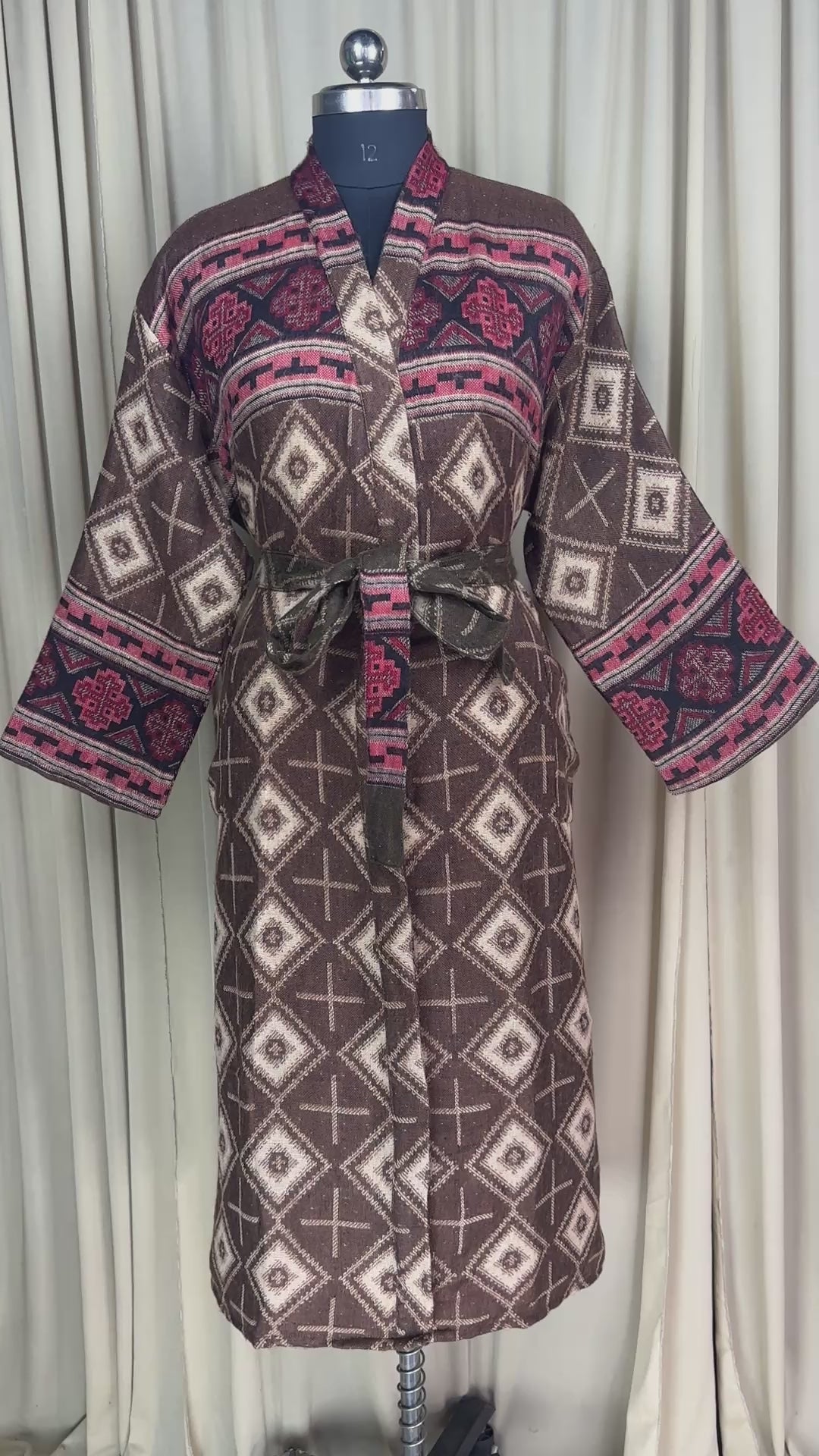 Yak Wool Blend Kimono Robe: Maroon Geometric Print, Warm Winter Wear