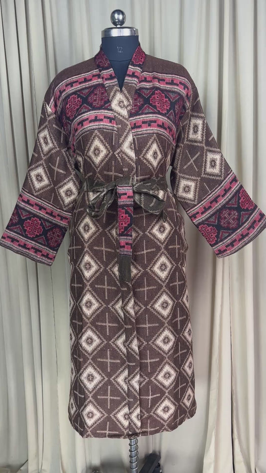 Yak Wool Blend Kimono Robe: Maroon Geometric Print, Warm Winter Wear