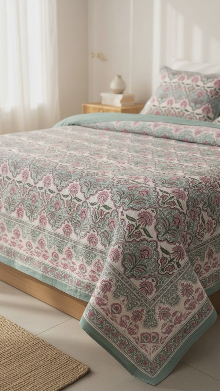 Pure Soft Cotton Bedsheet Set with Pillow Covers | Jaipuri Hand Block Floral,Queen/King Size Summer Bedspread | Boho Home Decor Luxury Gifts