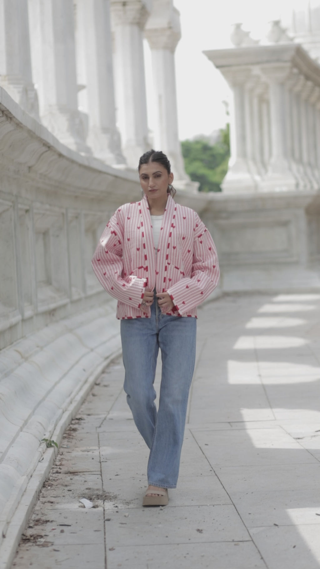 Quilted Pure Cotton Autumn Winter Jacket for Women | Quirky Handmade Boho Short Coat Pink Stripe, Heart Print Anniversary Love Gift for Her