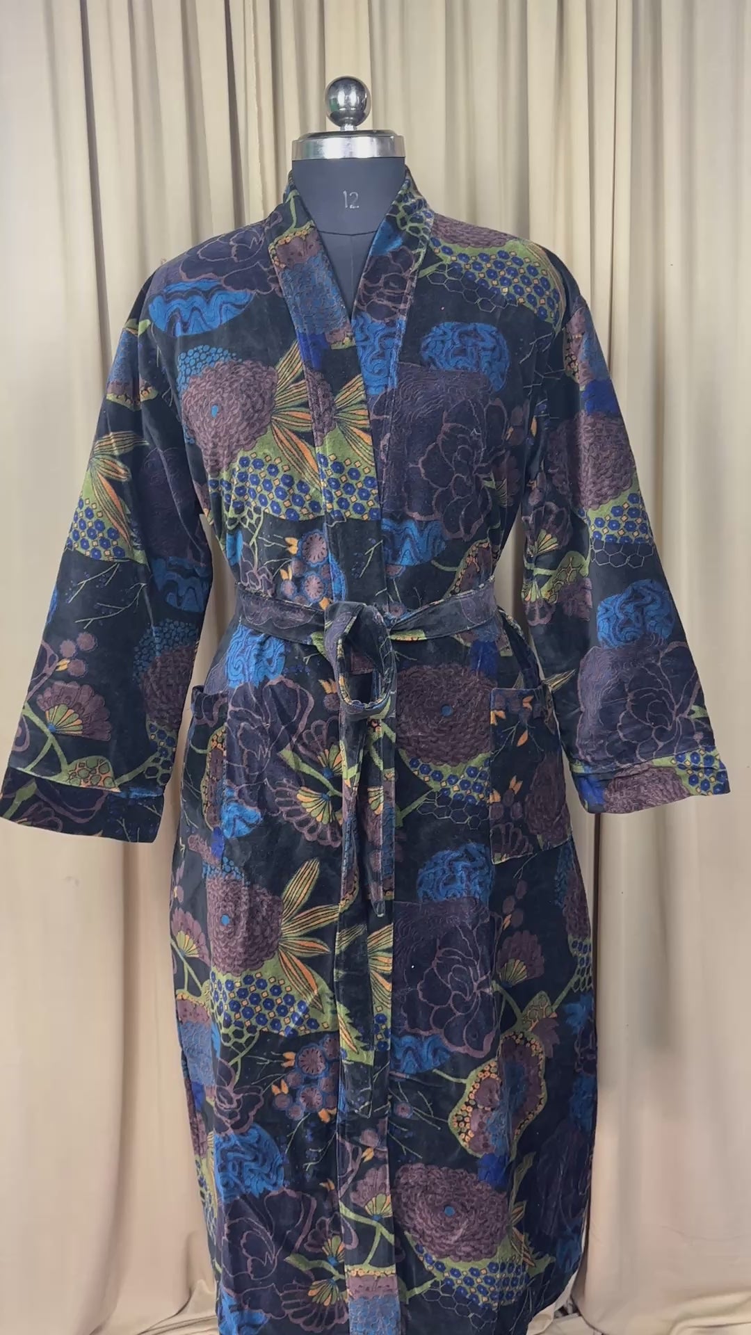 Luxury Velvet Kimono Unisex House Robe | Boho Jacket Autumn Winter Christmas Gift Elegant Reversible Silk Lined | Quirky Gown Black Floral