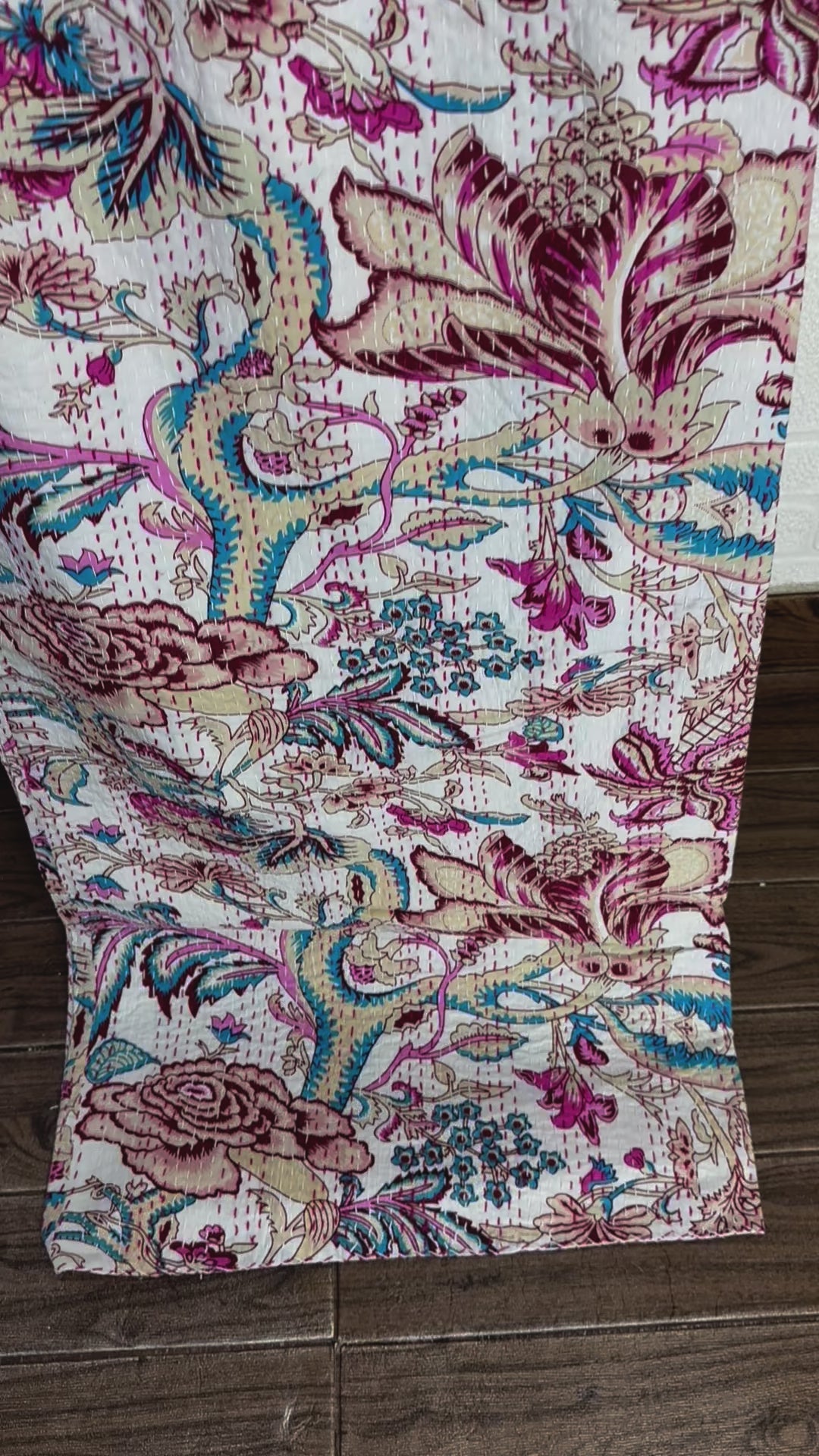 Pure Cotton Kantha Stitch Throw | Indian Hand Block Quilted King Size Bedspread/Sofa Cover Home Decor | Floral Reversible Print White