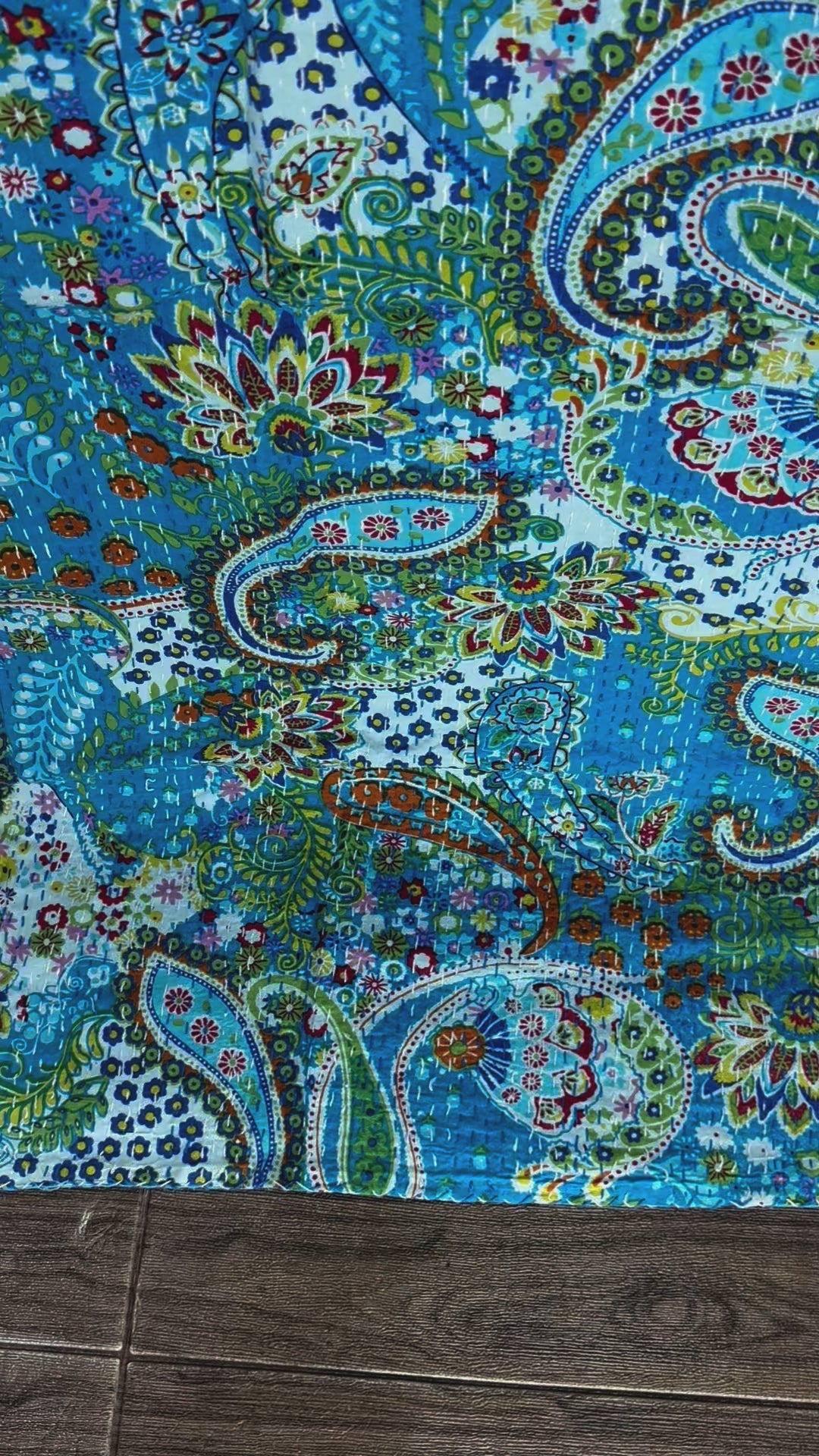 Pure Cotton Kantha Stitch Throw | Indian Hand Block Quilted King Size Bedspread/Sofa Cover Home Decor | Paisley Reversible Print Blue