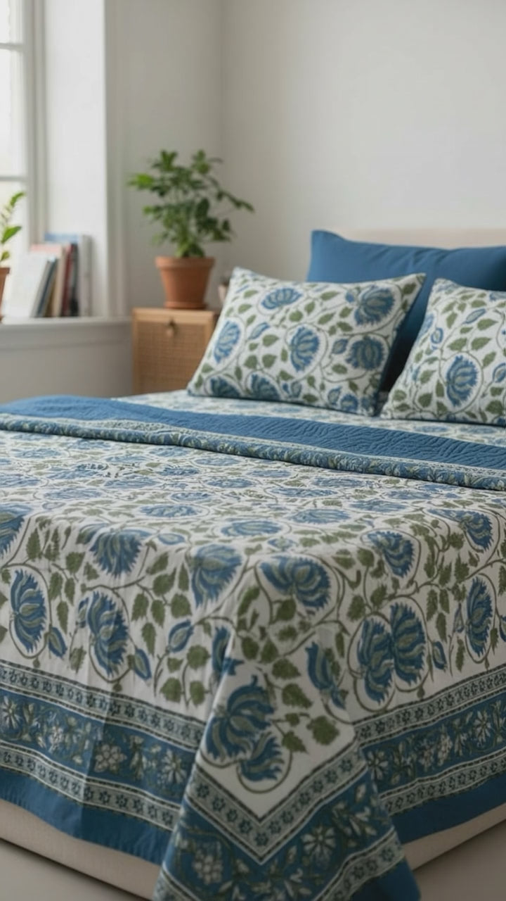 Pure Soft Cotton Bedsheet with Pillow Covers | Hand Block Printed Jaipuri Floral Bedspread Queen King Size Summer Garden Bedding, Mughal Art