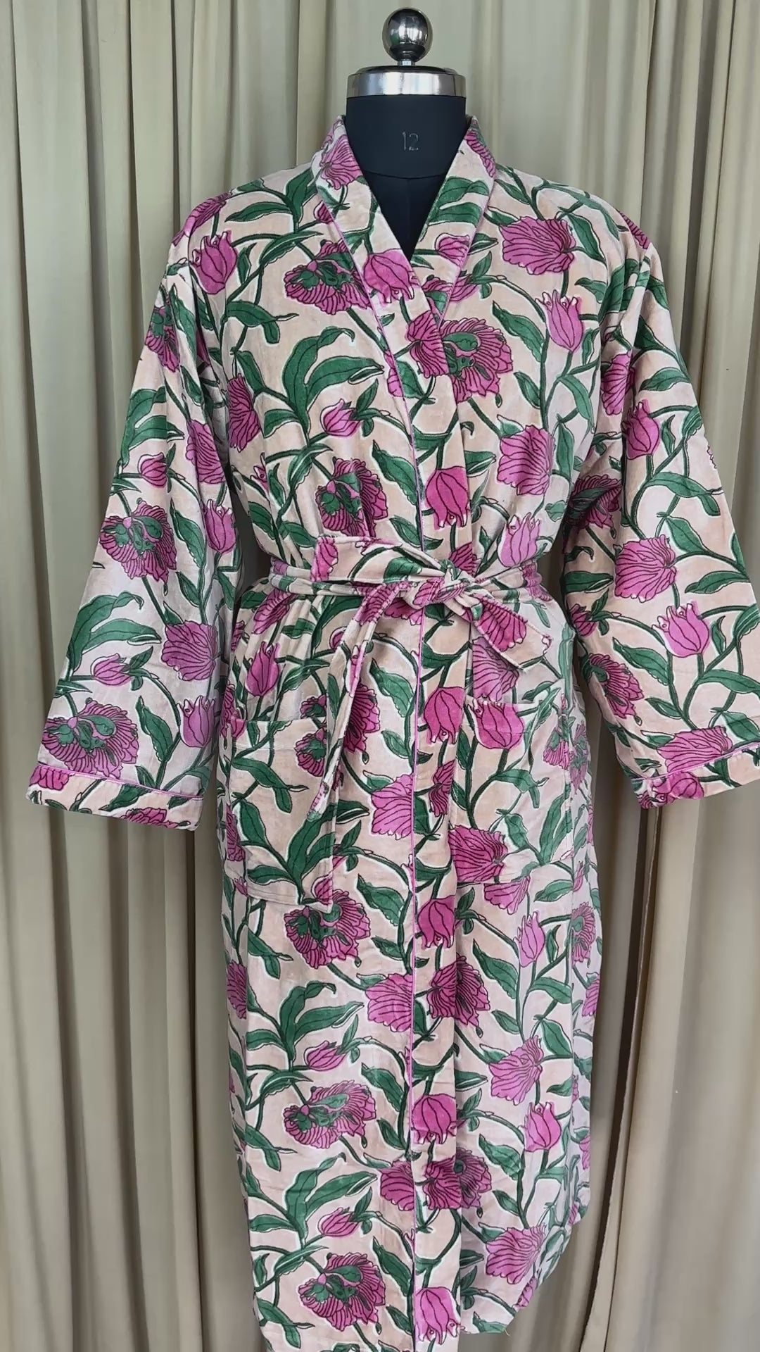 Luxury Velvet Kimono Unisex House Robe | Boho Jacket Autumn Winter Christmas Gift Elegant Reversible Silk Lined | Quirky Gown Beige Floral