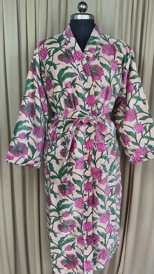 Luxury Velvet Kimono Unisex House Robe | Boho Jacket Autumn Winter Christmas Gift Elegant Reversible Cotton Lined | Quirky Gown Beige Floral