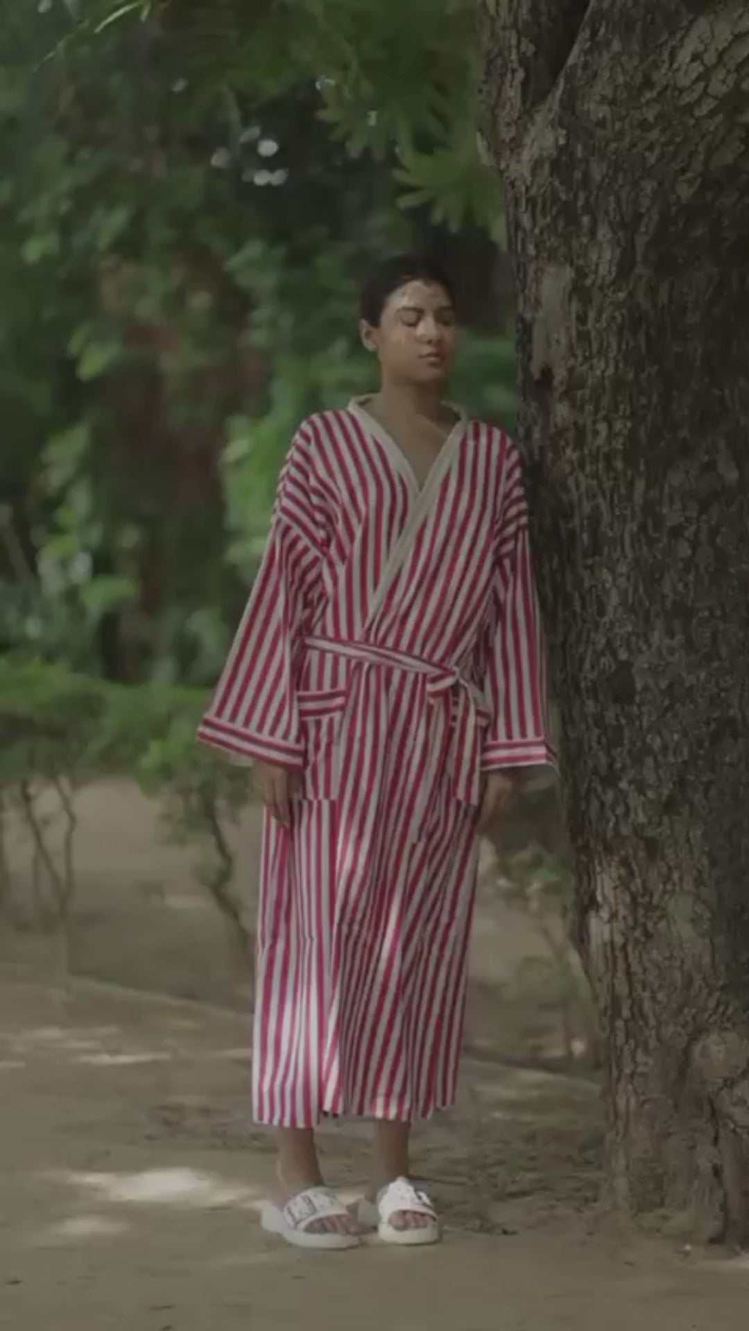 Women Cotton Kimono Robe, Reversible Striped Boho Loungewear, Lightweight Spa Beach Resort Outfit with Pockets, One Size Breathable Bathrobe