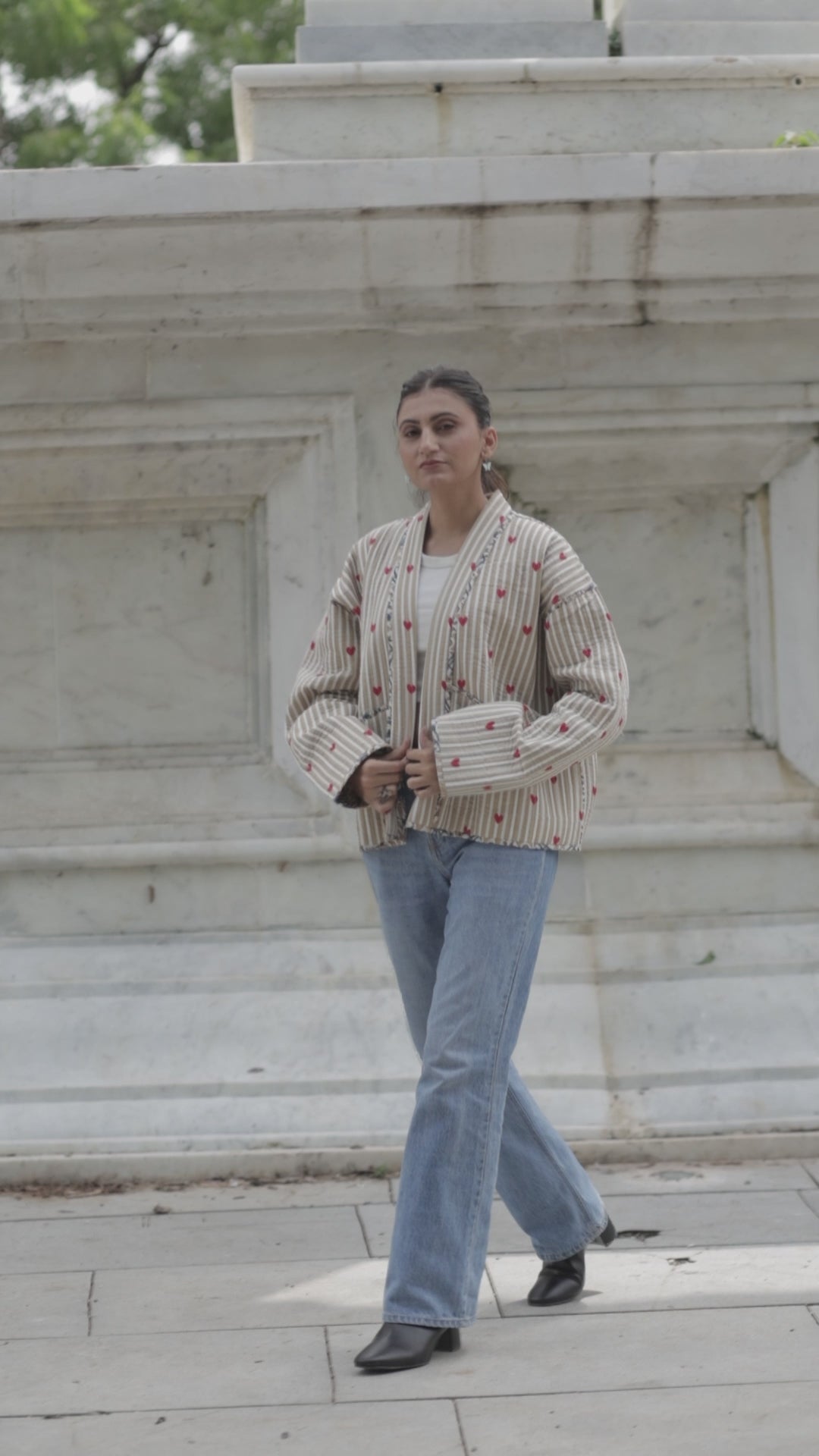 Quilted Pure Cotton Autumn Winter Jacket for Women | Quirky Handmade Boho Short Brown Stripe Coat, Heart Print Anniversary Love Gift for Her