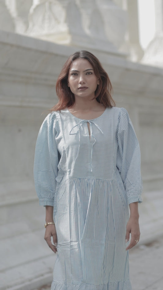 Cotton Midi Dress Stripe Hand Block Print | Boho Summer Sundress with Pockets, Artisan Style Beach Vacation Wear, Bridesmaid Gift for Her