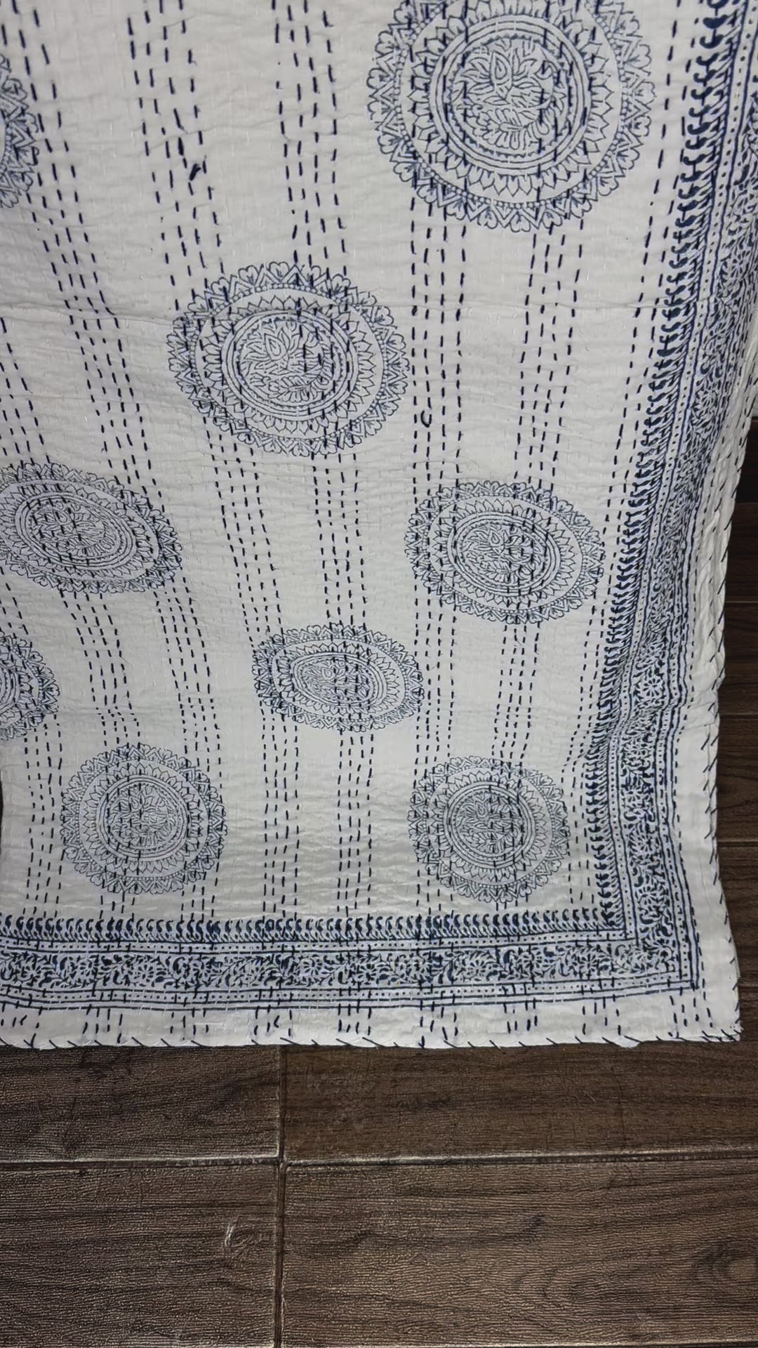 Pure Cotton Kantha Stitch Throw | Indian Hand Block Quilted King Size Bedspread/Sofa Cover Home Decor | Geometrical Reversible Print White