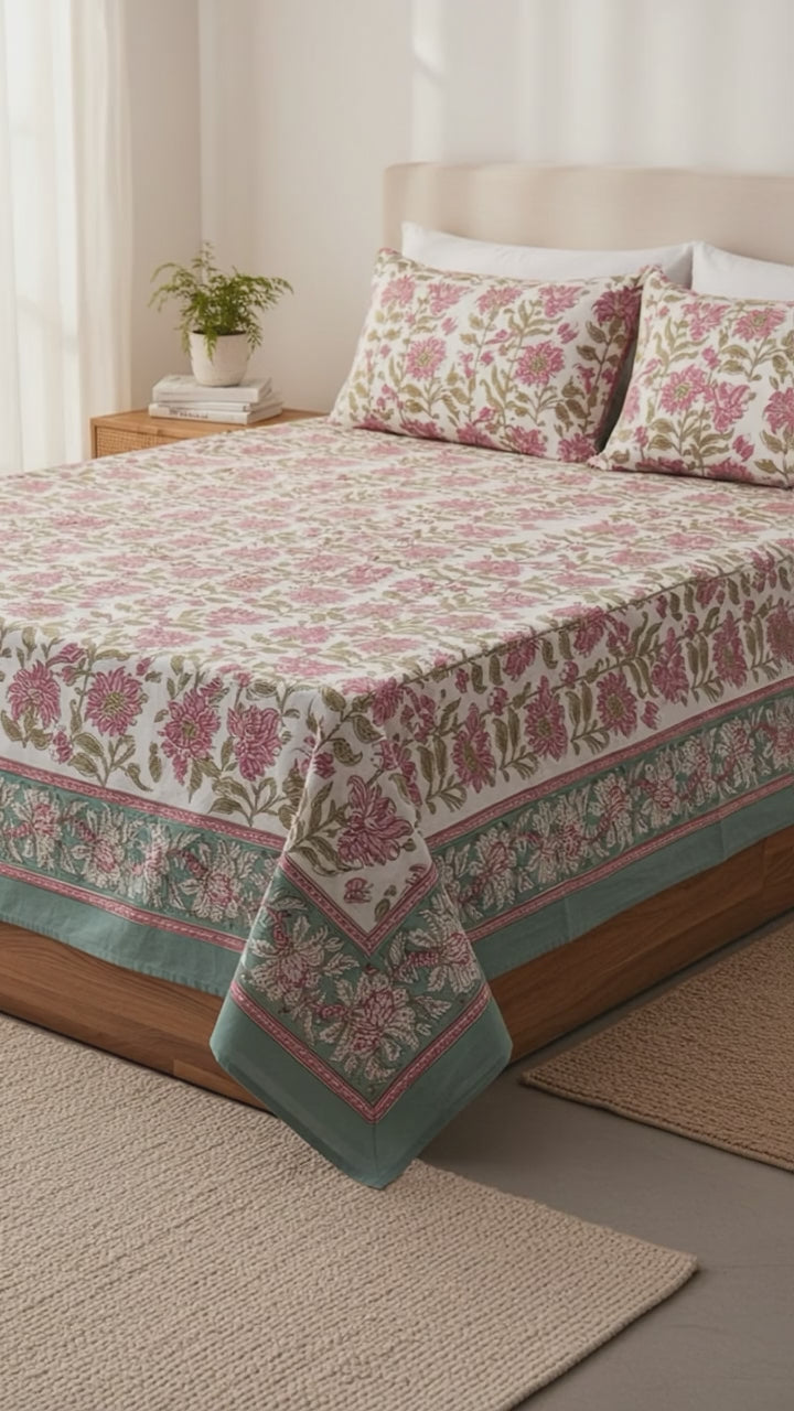 Pure Soft Cotton Bedsheet with Pillow Covers, Hand Block Printed Jaipuri Floral, King Queen Summer Bedspread Sofa Throw | Organic Bedding XL