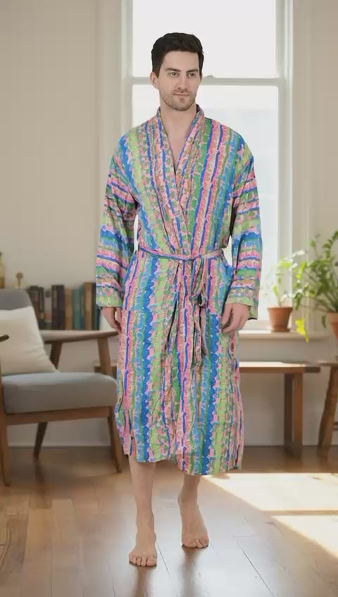 Boho Men's Soft Silk Kimono, Man Regal House Beach Robe, Geometric Persian King Elegant Pink Green Hues Beach Cover Up, Perfect Gift for Dad