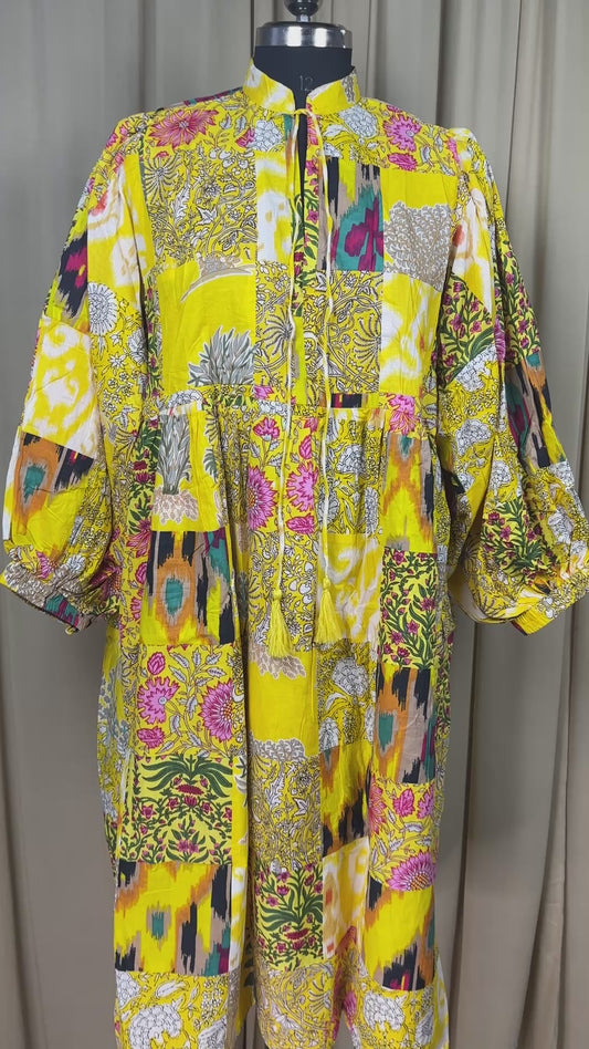 Boho Cotton Maxi Dress: Hand Block Printed Patchwork, 70s Style