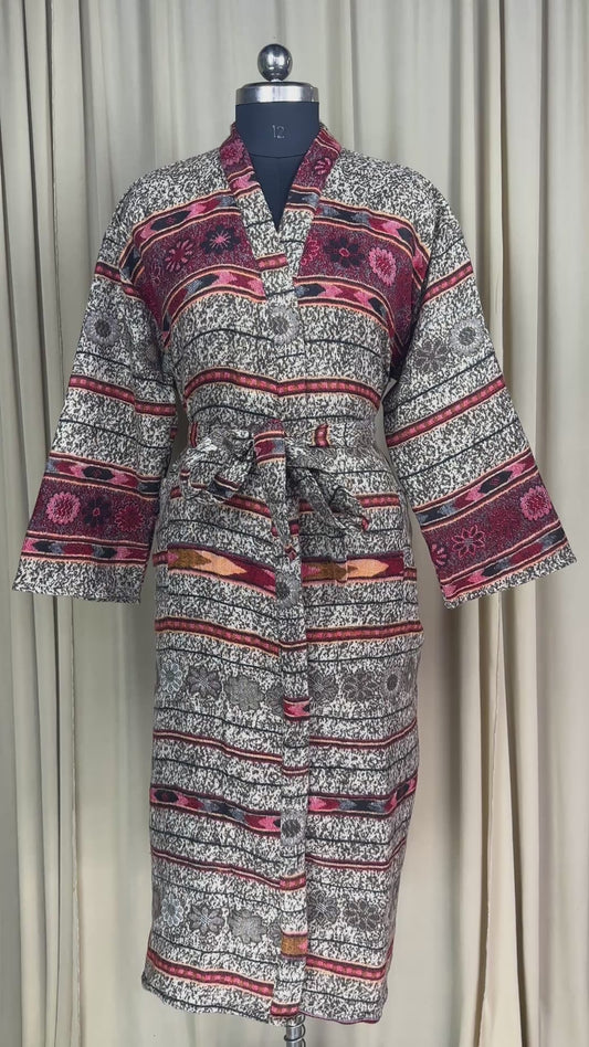 Yak Wool Blend Kimono Robe: Maroon Floral Print, Warm Winter Wear