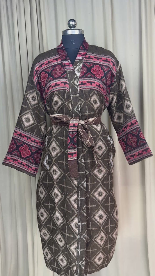 Yak Wool Blend Kimono Robe: Maroon Geometric Print, Warm Winter Wear